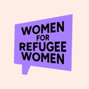 The logo for Women for Refugee Women. A pink background with a purple speech bubble containing the organisation's name.
