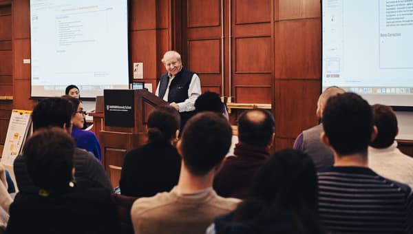 Marshall Ganz giving a lecture to students at the Harvard Kennedy School.