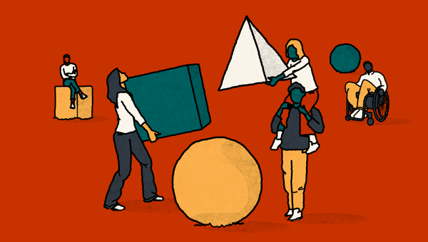 An illustration of people working together to build a structure from the shapes of the Act Build Change logo, triangle (pyramid), circle (sphere) and square (cube).