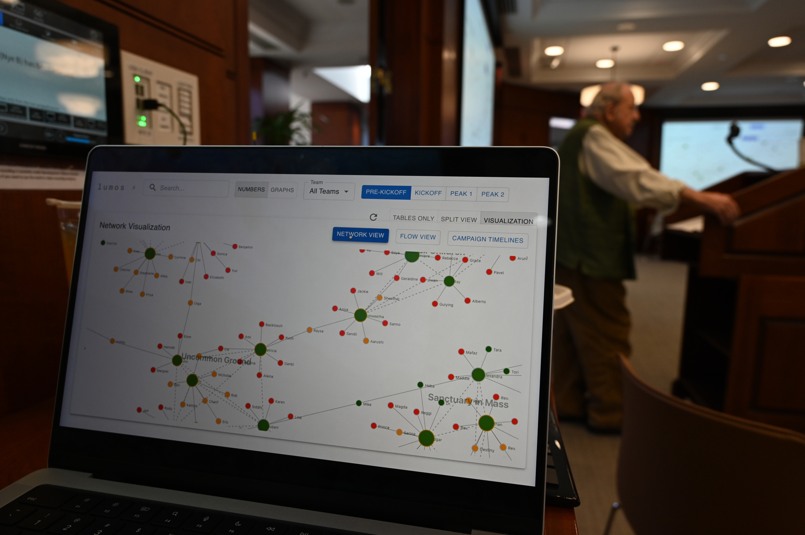 A laptop is in the foreground featuring Lumos, the data system used by the team at Harvard. Names and information points are connected so that they create snowflake structures. Behind the computer screen, Marshall Ganz stands at a lectern talking to students out of shot.