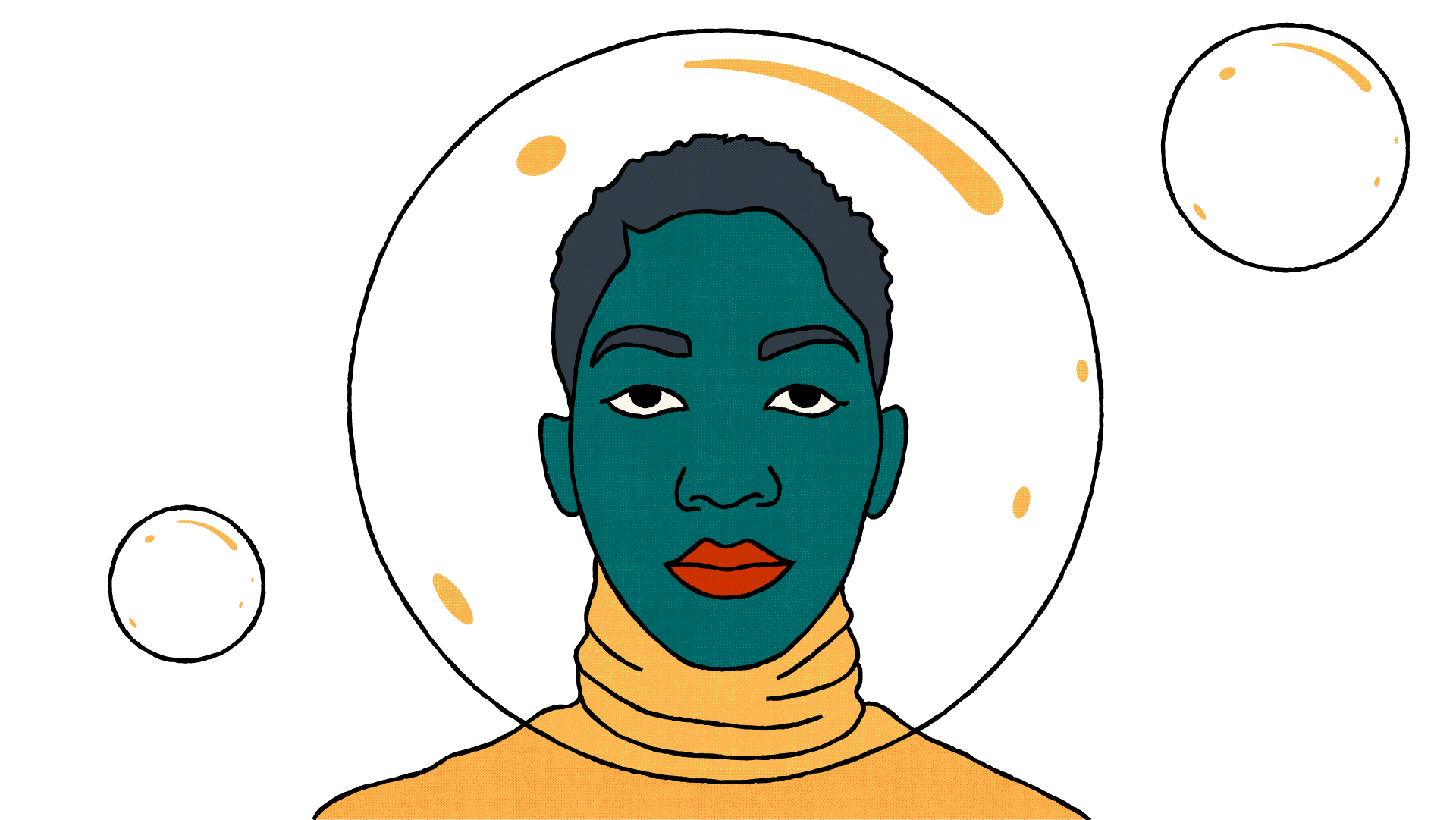 An illustration of a person looking toward the viewer with a bubble surrounding their head. There are also smaller bubbles around the person.