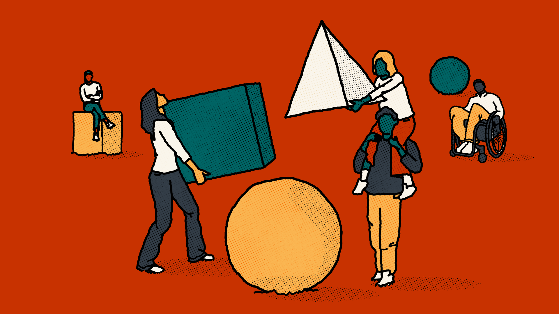 An illustration of people working together to build a structure from the shapes of the Act Build Change logo, triangle (pyramid), circle (sphere) and square (cube).