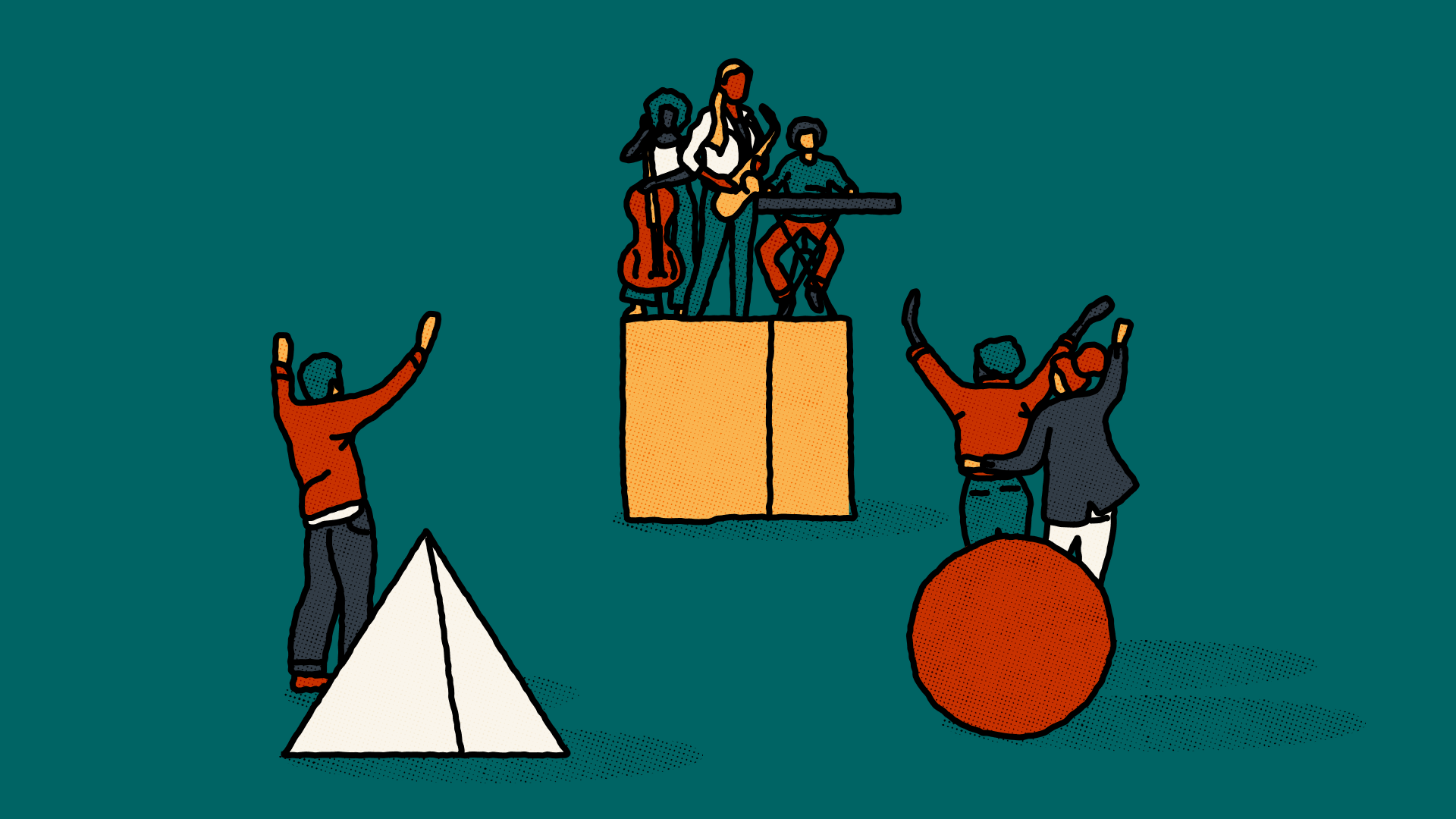An illustration of three shapes - a white pyramid, a yellow cube and a red circle - on a teal background. Each shape has people next to it. The white pyramid is on the left and one person standing to its left, the red circle has two people standing behind it and the yellow cube has three people standing on top playing musical instruments. The people by the pyramid and circle are facing the three people on the cube, cheering them on.