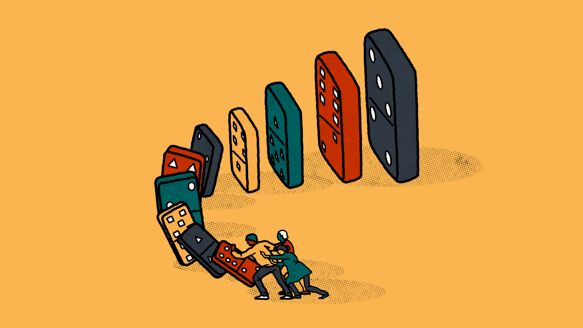 An illustrations of a set of dominoes stood up in a row, each getting progressively larger. There are three people working together to push over the small domino, which is causing the larger dominoes to topple.