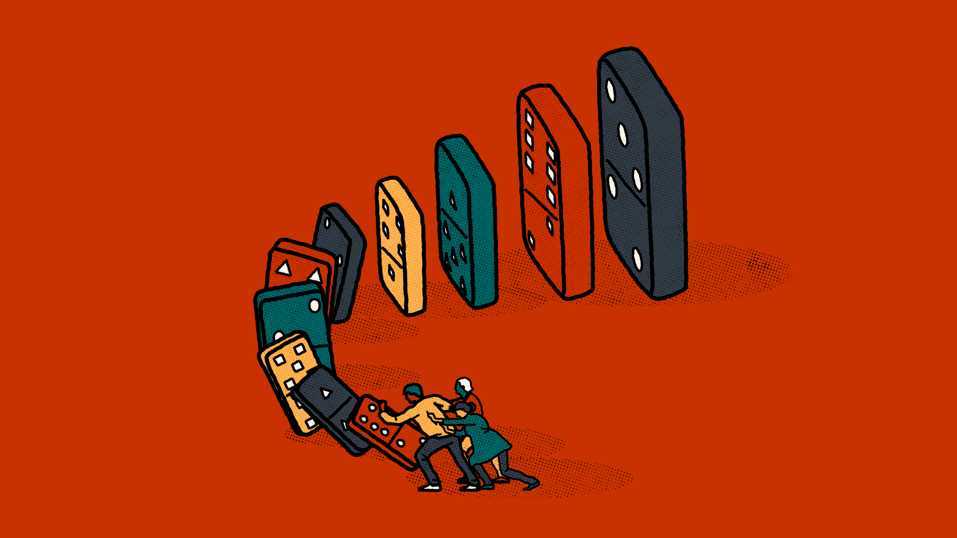An illustrations of a set of dominoes stood up in a row, each getting progressively larger. There are three people working together to push over the small domino, which is causing the larger dominoes to topple.