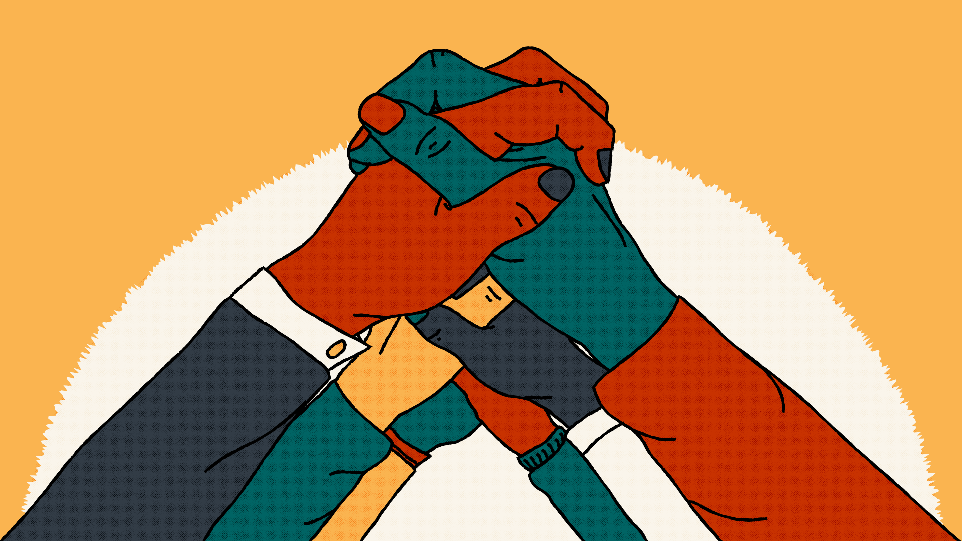 An illustration of hands coming in from the left and right of the image and clasping in the middle. Each hand and clothing from each arm are different, implying different people reaching out to each other. There are three pairs, one behind each other forming an archway, with a sun in the background.