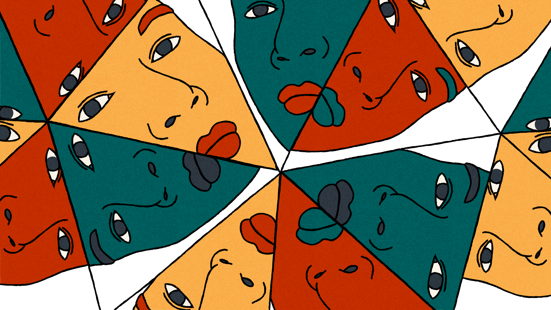 An illustration of various faces fractured and rotated in triangular segments in different colours. The image invokes a kaleidoscopic effect.