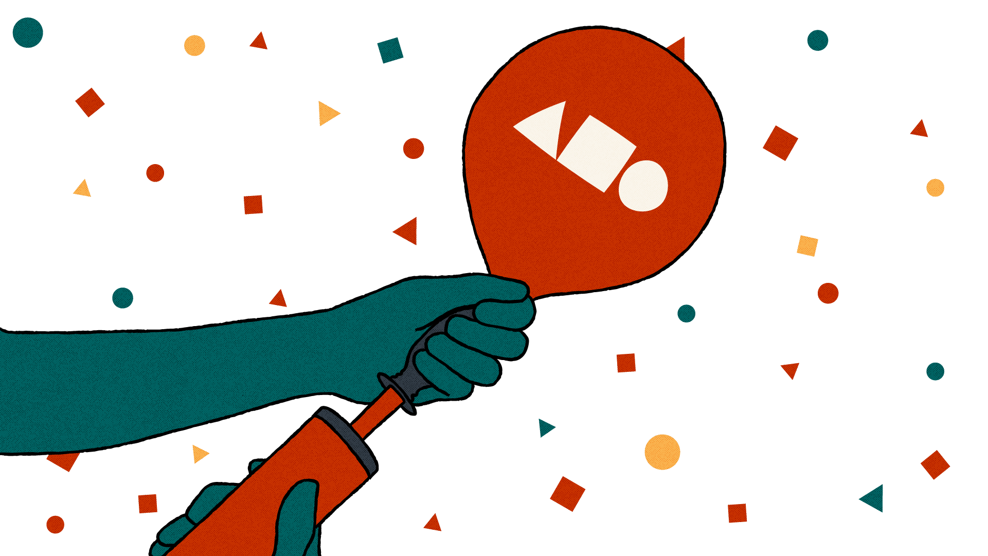 An illustration of a hand holding a pump which is blowing up a balloon with the Act Build Change logo on the side. The background has a confetti style pattern using the Act Build Change logo shapes of triangles, squares and circles.