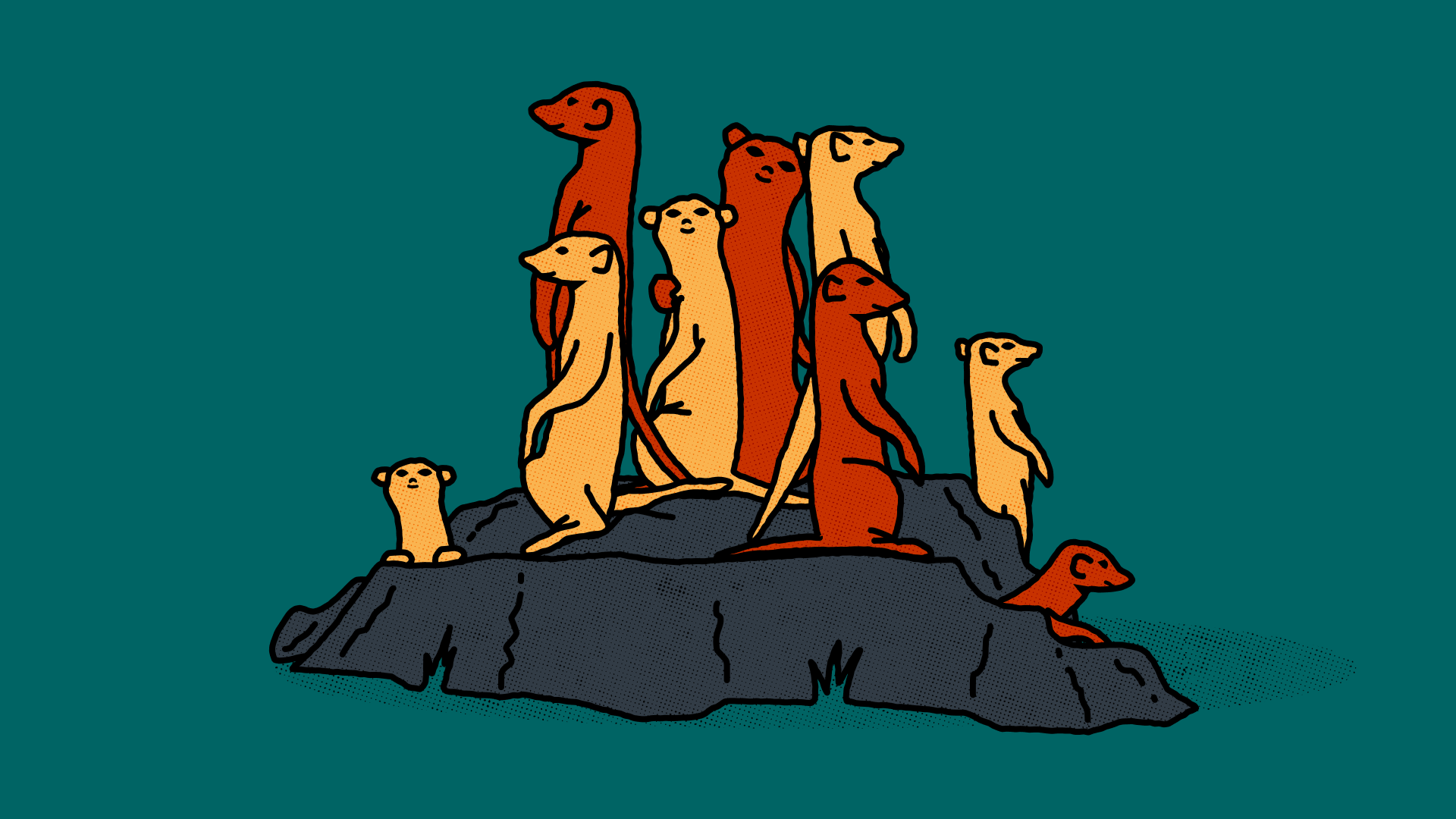An illustration of a group of meerkats standing together on a rocky mound. Most of the meerkats stand upright on their hind legs facing different directions, while some peer out from burrows at the bottom.