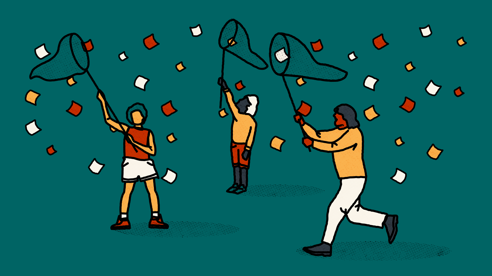 An illustration of three people reaching into the air with butterfly nets, trying to catch colourful sticky notes floating around them.