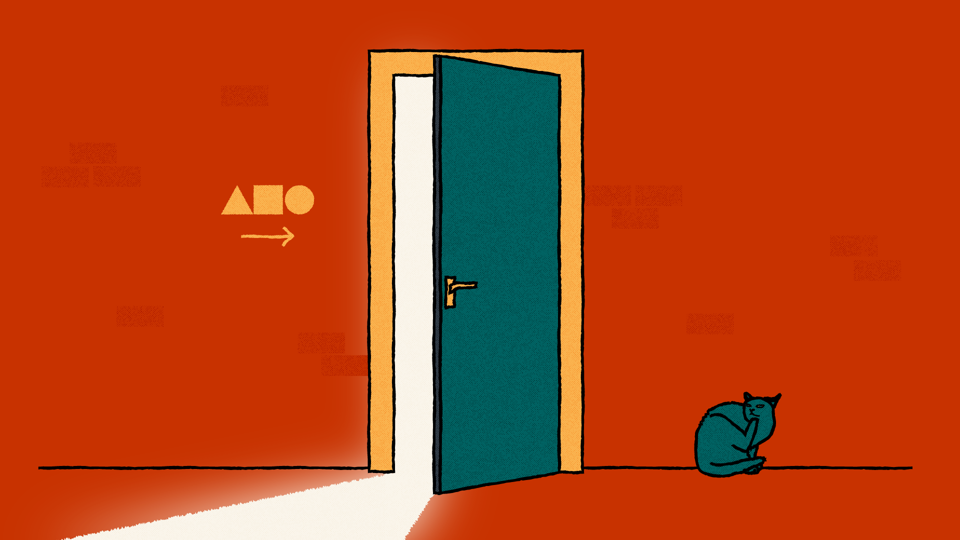 An illustration of a door ajar with light bursting through the gap. There is an Act Build Change logo on the wall next to the door with an arrow pointing to the opening. There is also cat on the floor scratching it's chin.