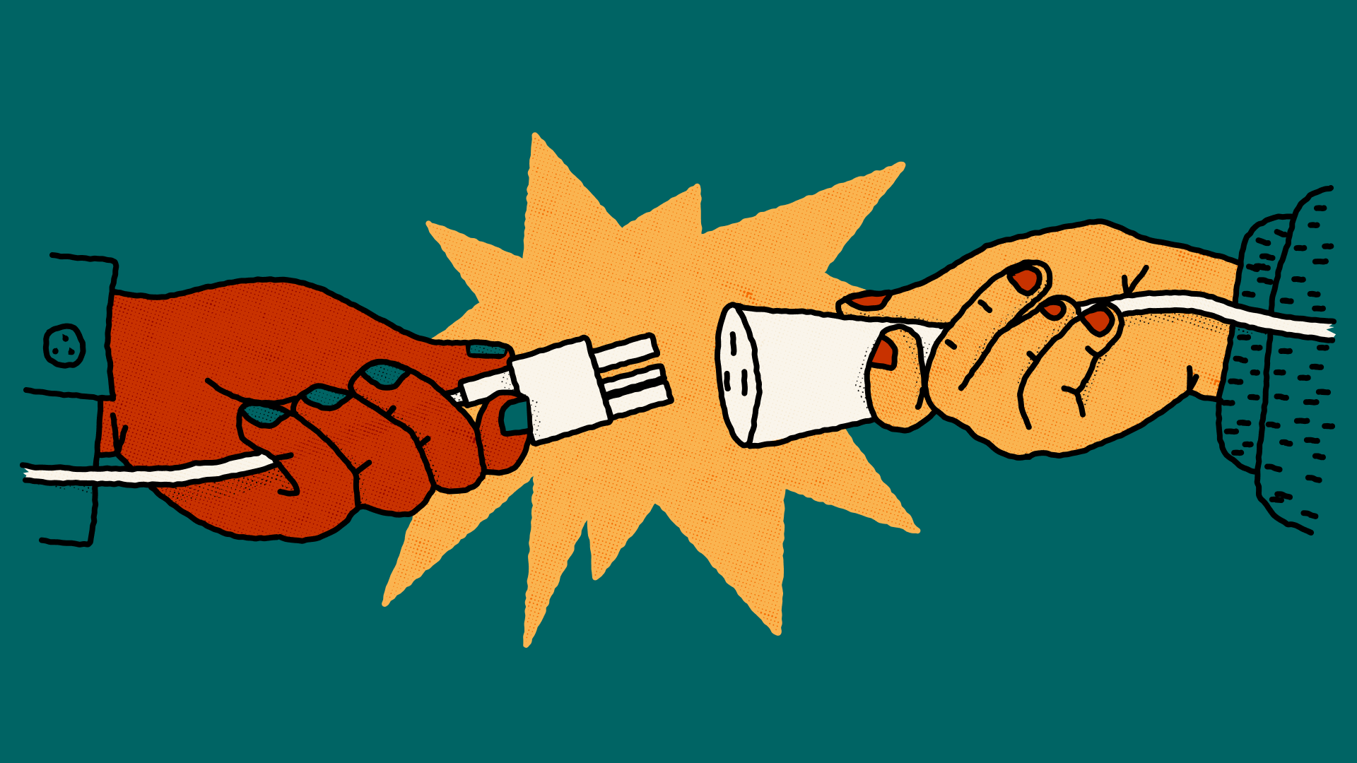 An illustration of a hand coming in from each of the left and right side of the frame. One hand is holding the male plug socket and the other side is holding the female plug socket. There is a spark emanating from the centre where the plugs are about to connect.