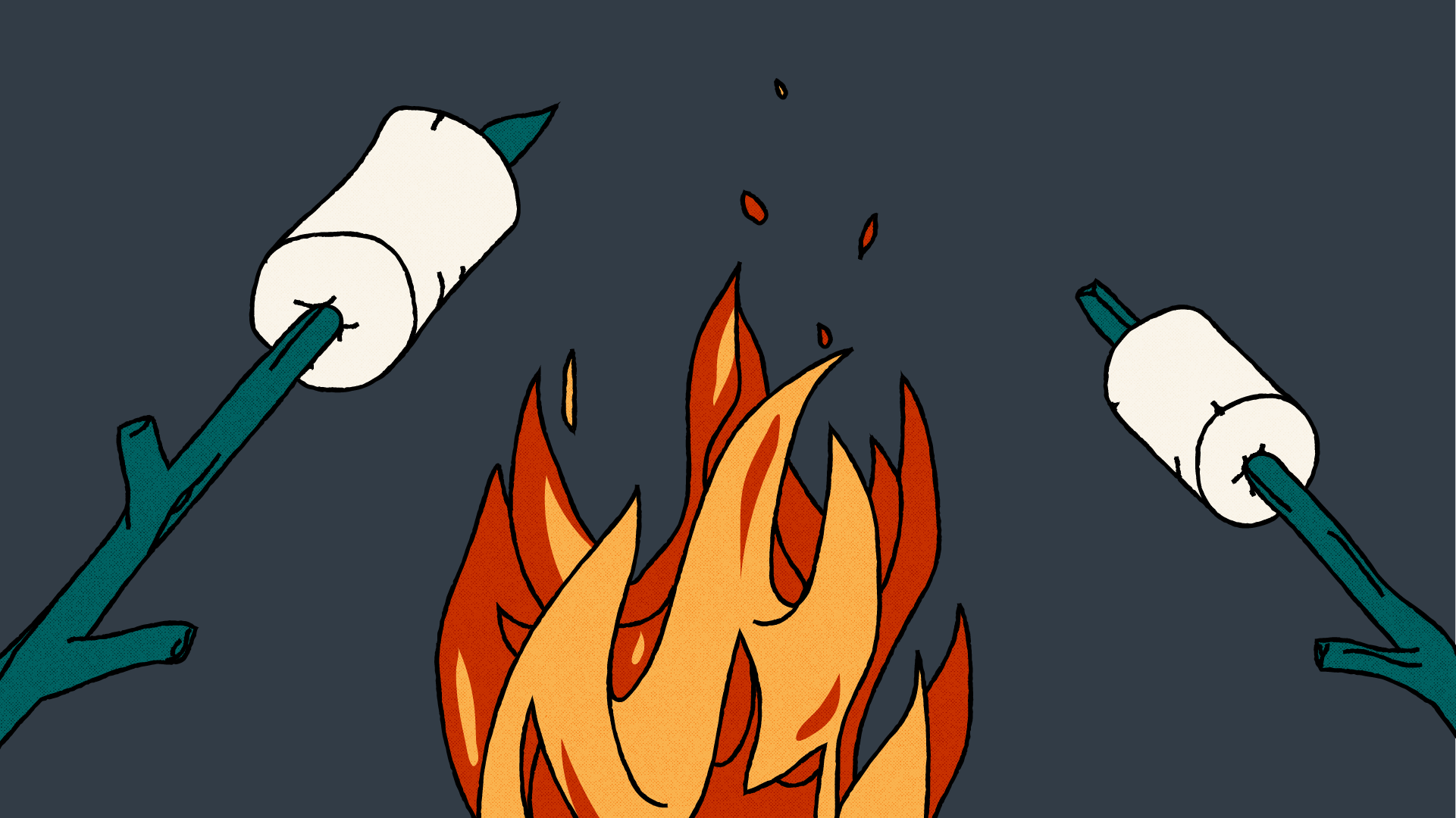 An illustration with a fire in the centre. On either side, there is a marshmallow attached to the end of a twig hovering over the fire.