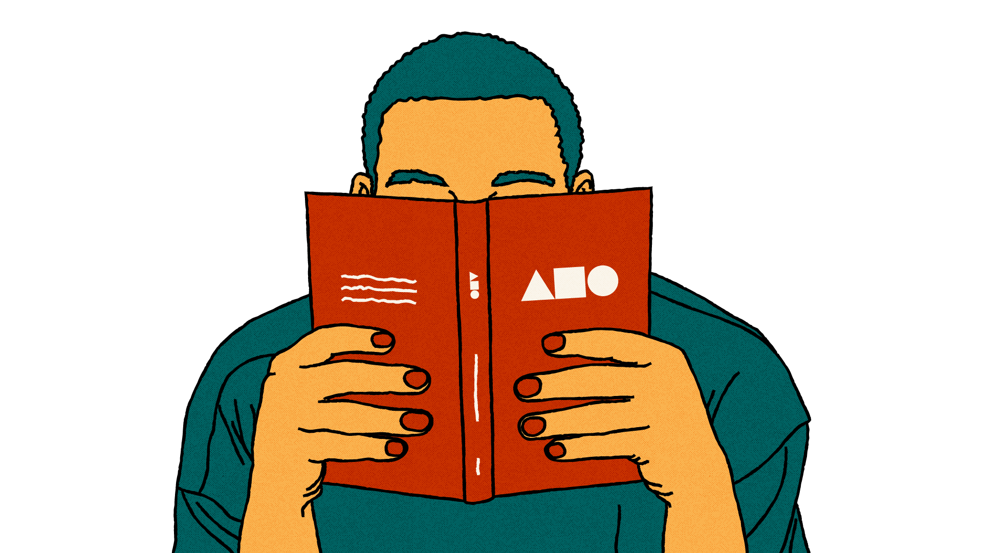 An illustration of a person holding a book up to their face, as if engrossed in reading. The cover of the book has an Act Build Change logo on it.