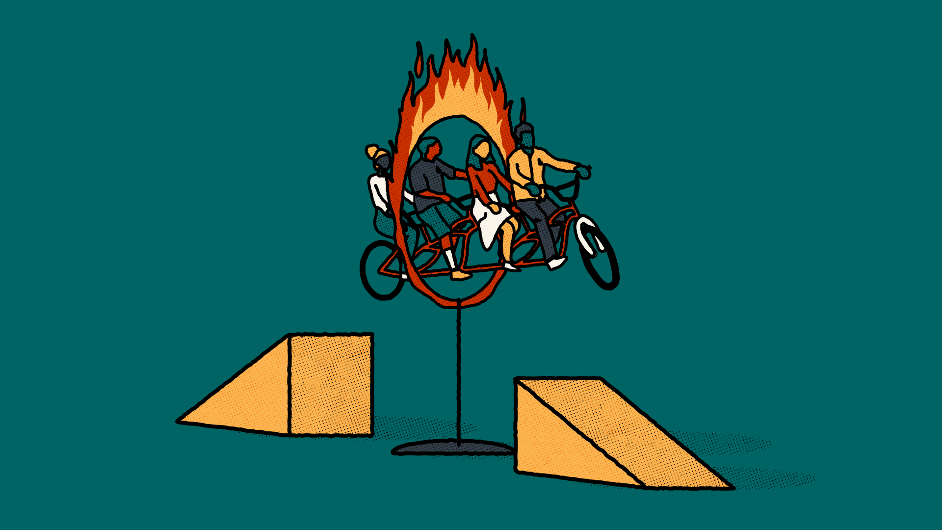 An illustration of a bicycle jumping through a ring of fire, with ramps either side. There are four people of different genders and appearances riding on the bike together. It has a teal background.