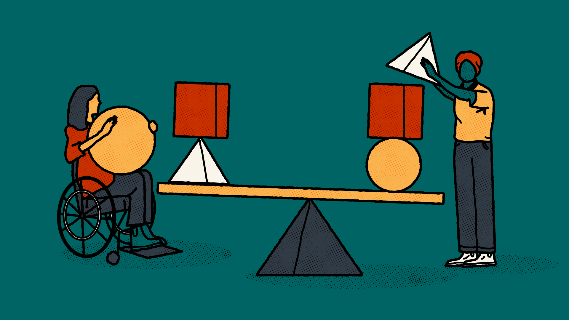 An illustration of a large balancing scale with one person on each side. The person on the left is in a wheelchair holding a large sphere, their side of the scale already has a pyramid and cube stacked on it. The person standing on the right is reaching up to put a pyramid on top of their side of the scale, which has a sphere and cube stacked on it.