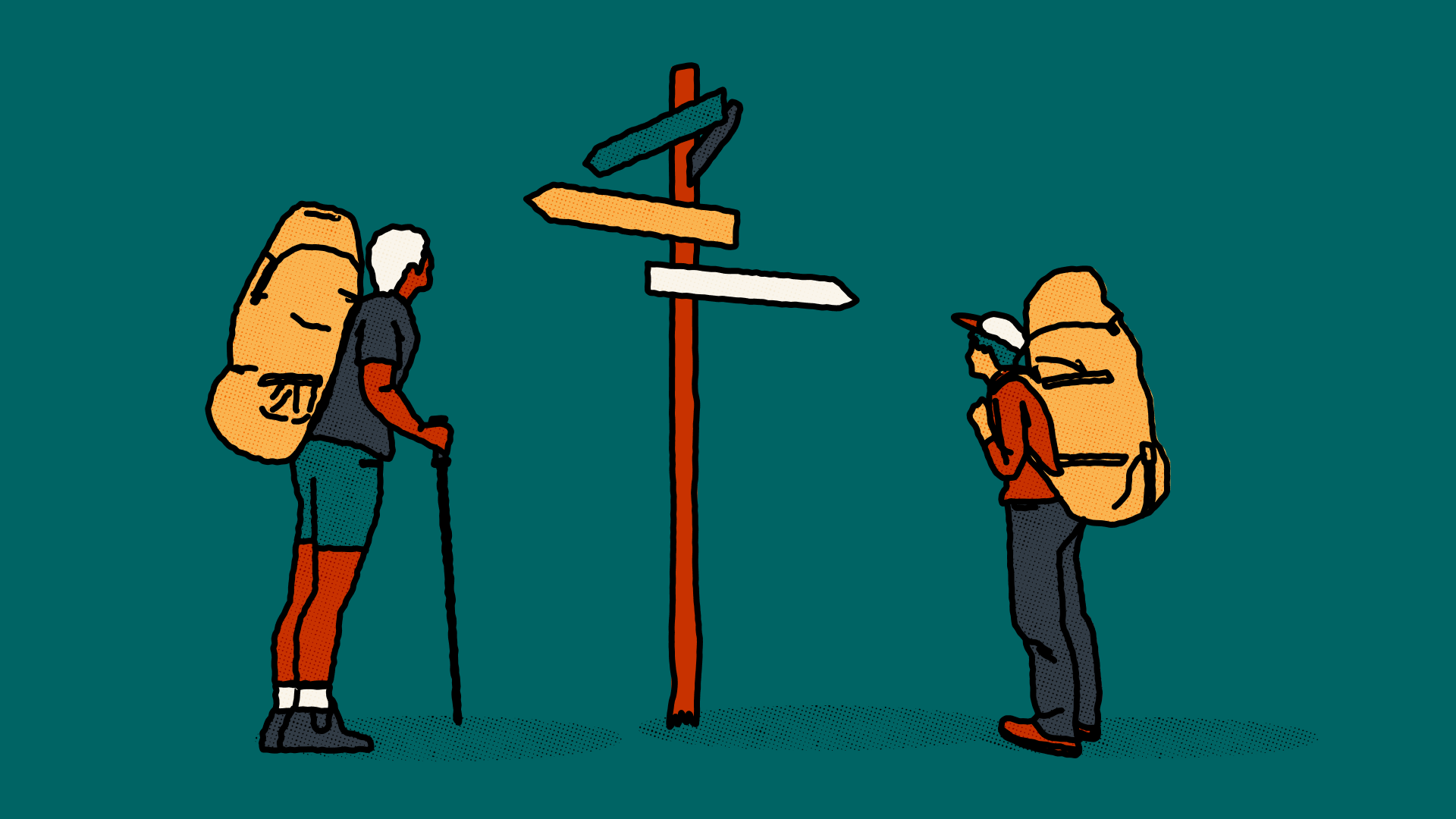 An illustration of two walkers with backpacks on, looking at a signpost with signs pointing in various directions.