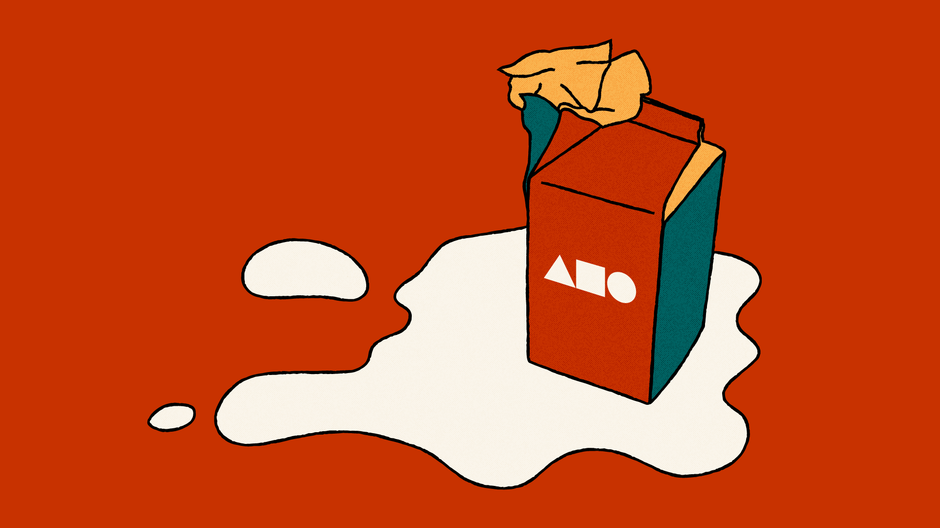 An illustration of a milk carton with the top torn open and milk spilt on the surface around the base.