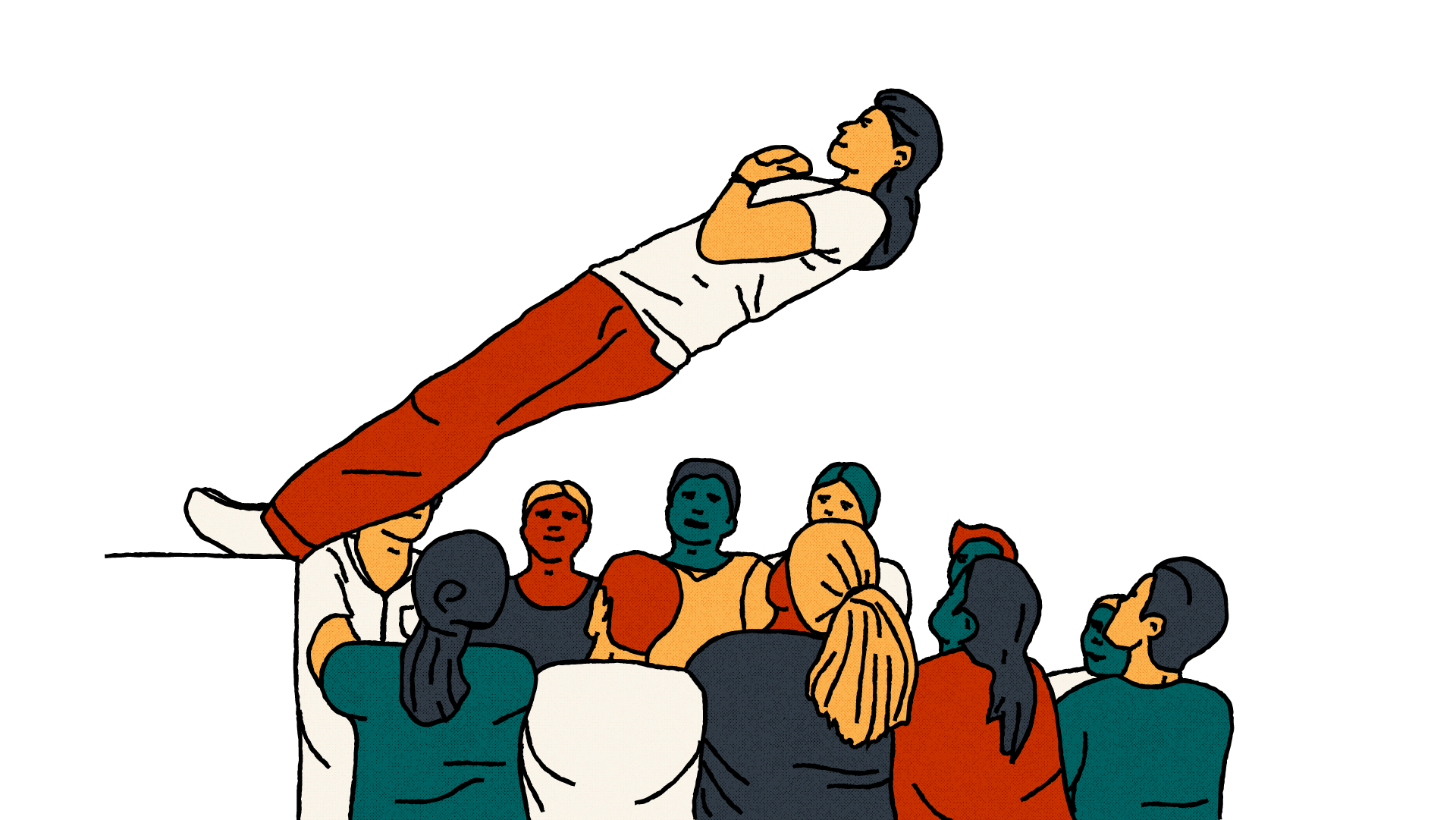 An illustration of a 'trust fall' – a person falling backwards from a ledge, whilst a group of people wait below to catch them.