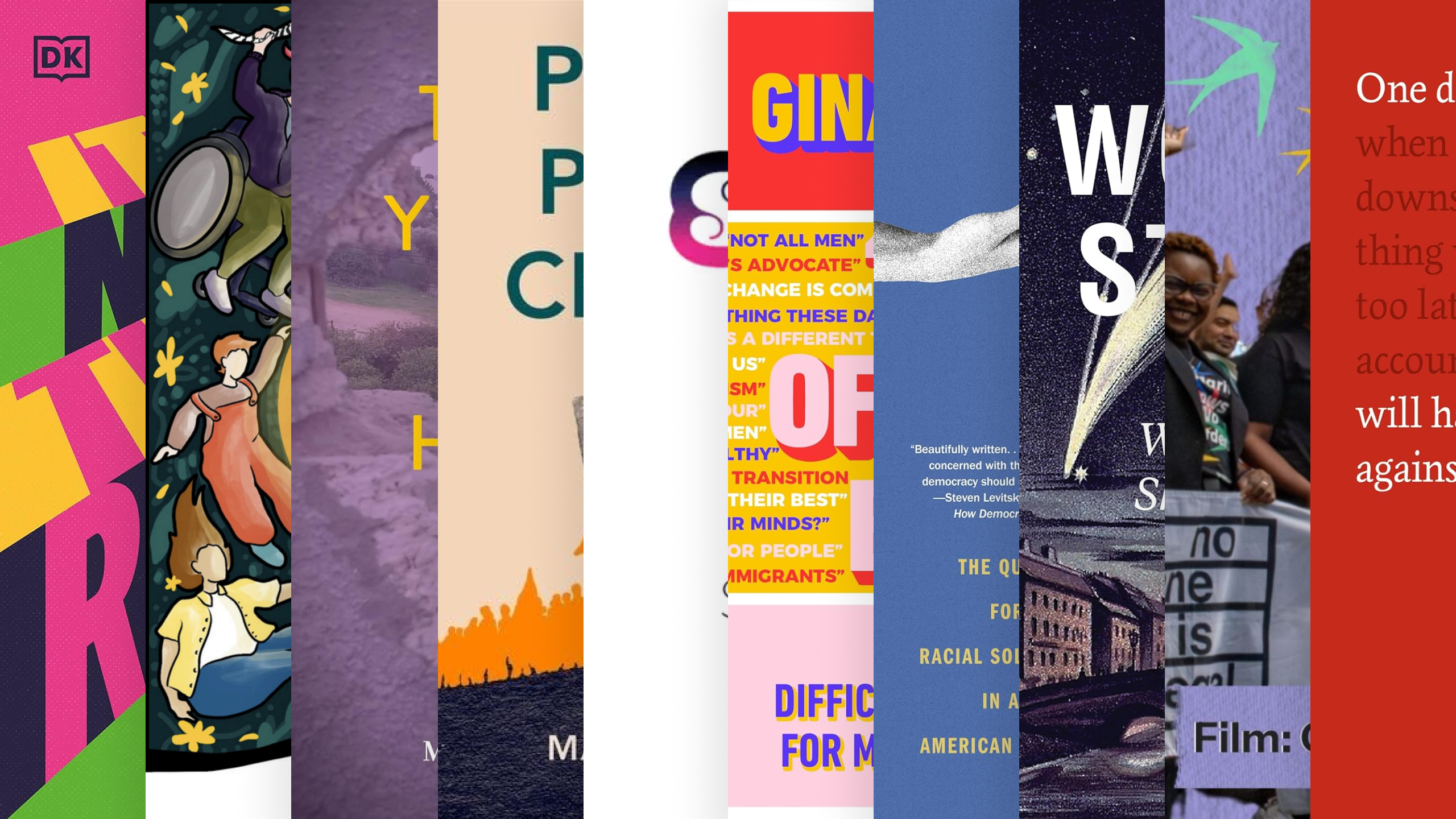 Collage of various covers, from books, podcasts and other resources.
