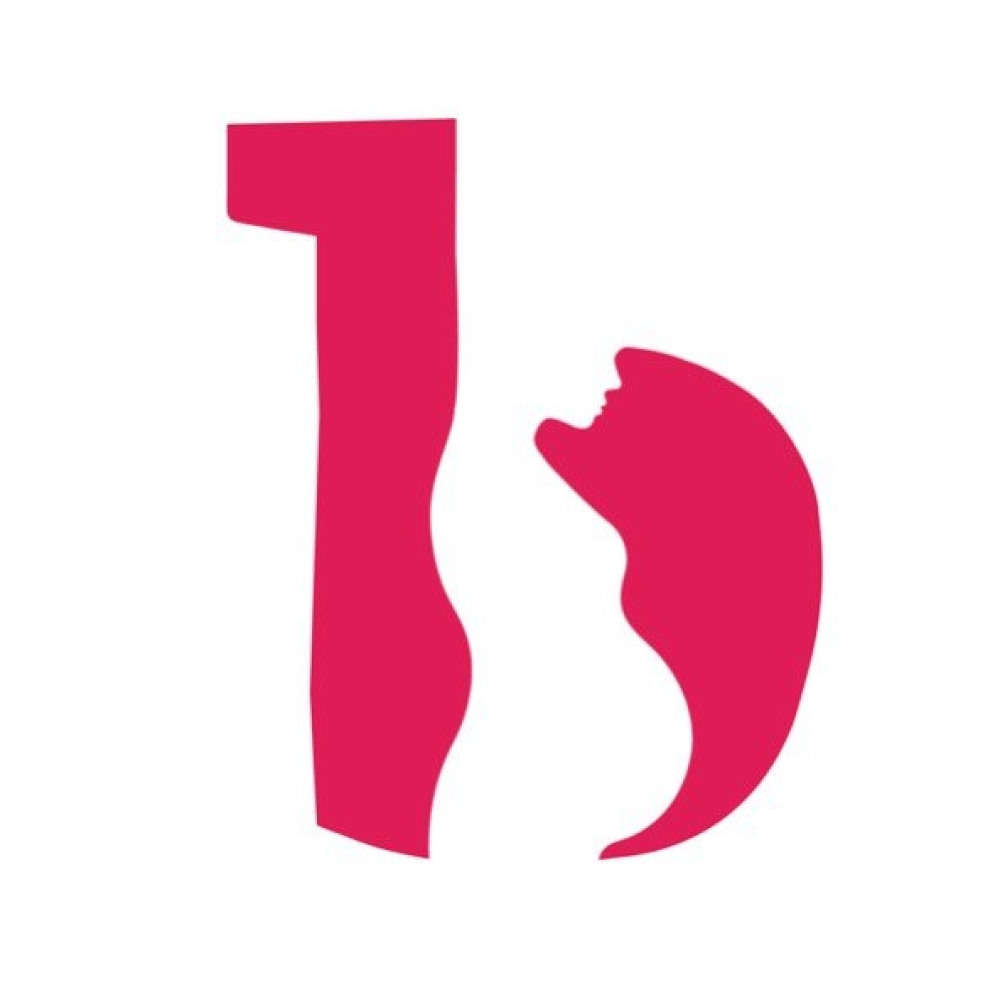 The logo for Birthrights. A hot pink 'b' split in the middle of the letter by the silhouette of a pregnant person.