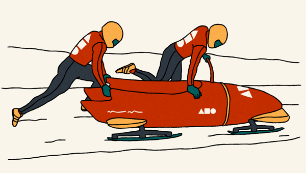An illustration of two people wearing helmets and atheletic suits pushing a bobsleigh whilst running. The bobsleigh is branded with Act Build Change logos.