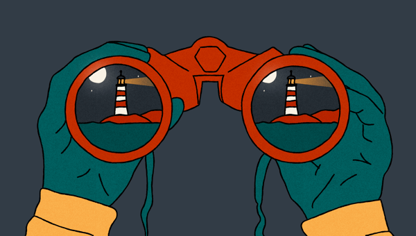 Illustration of binoculars being held up with the lenses pointed towards to viewer. In the lenses there is a reflection of a shore with a lighthouse and the moon lighting the way.