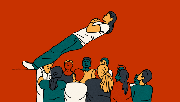 An illustration of a 'trust fall' – a person falling backwards from a ledge, whilst a group of people wait below to catch them.