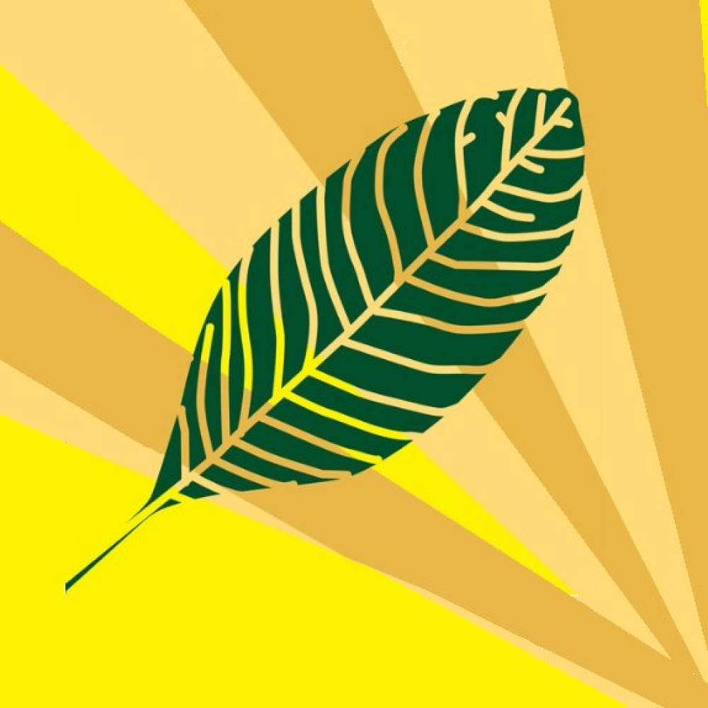 The Greening Campaign logo. A green leaf in the foreground and stripes of yellow and beige in the background.
