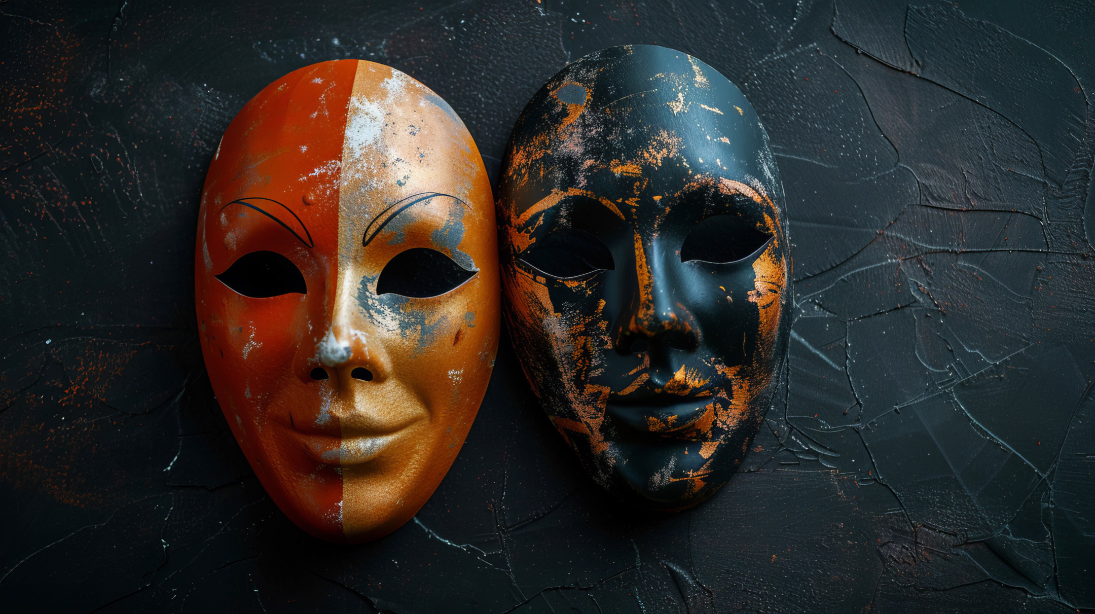 Two weathered theatre masks of different colours placed flat on a dark textured surface.