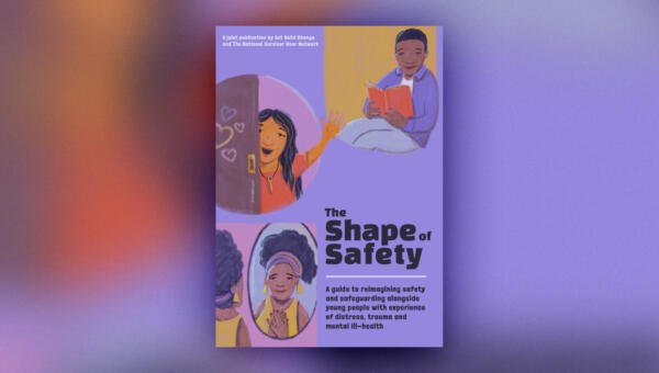 Front cover of The Shape of Safety guidebook. Along with the title and description, the cover includes three illustrations showing a person reading, a person waving and a person looking in a mirror.