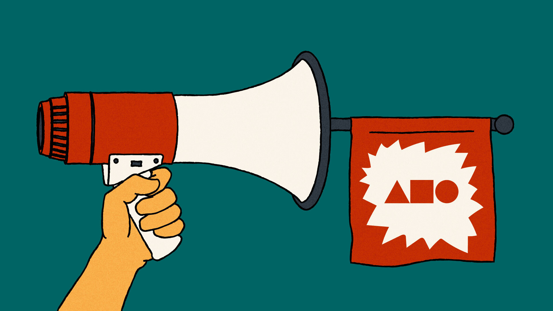 An illustration of a hand holding a megaphone horizontally. A pole is projecting out of the megaphone with a flag hanging down from it. The flag shows the Act Build Change logomark of a triangle, square and circle on top of a blast shaped background.