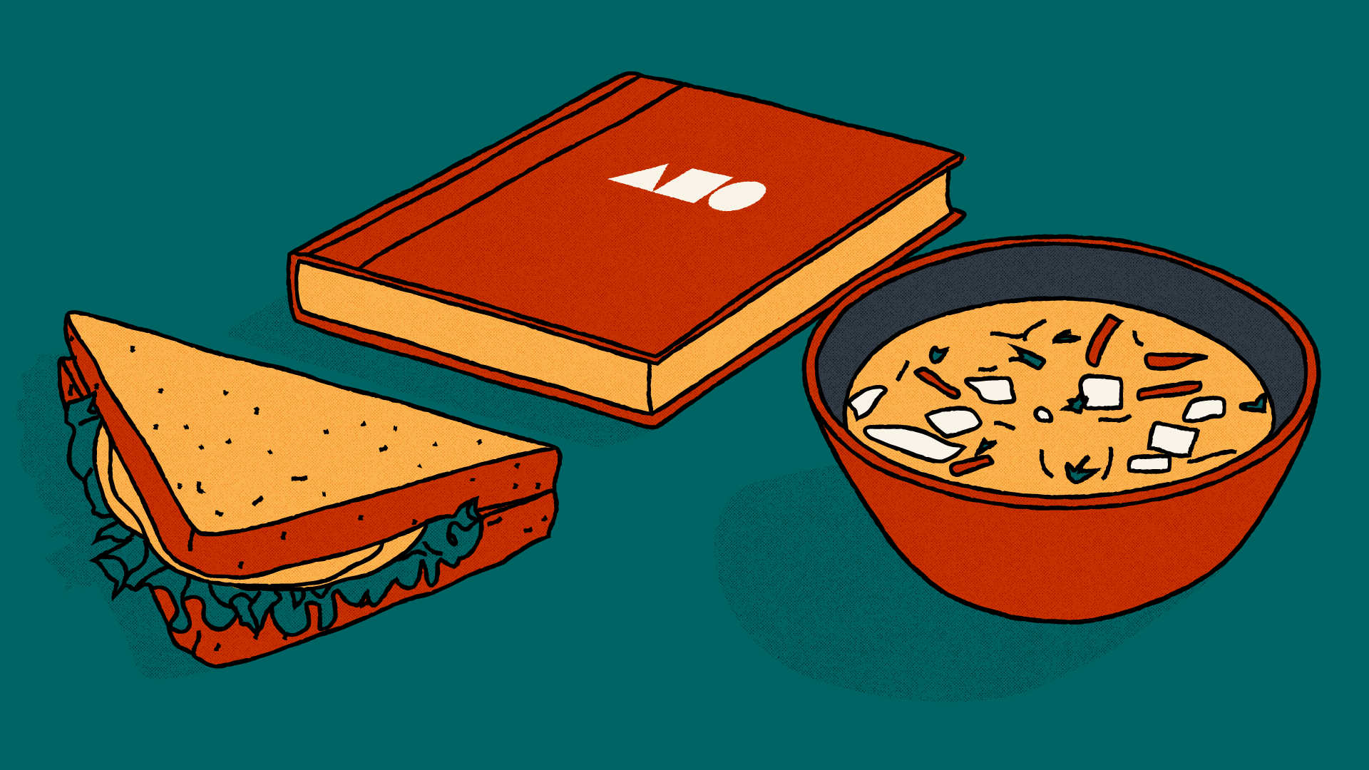 An illustration of a sandwich, a book and a bowl of soup. Arranged as a triangle, square and circle mirroring the symbols of the Act Build Change logo.