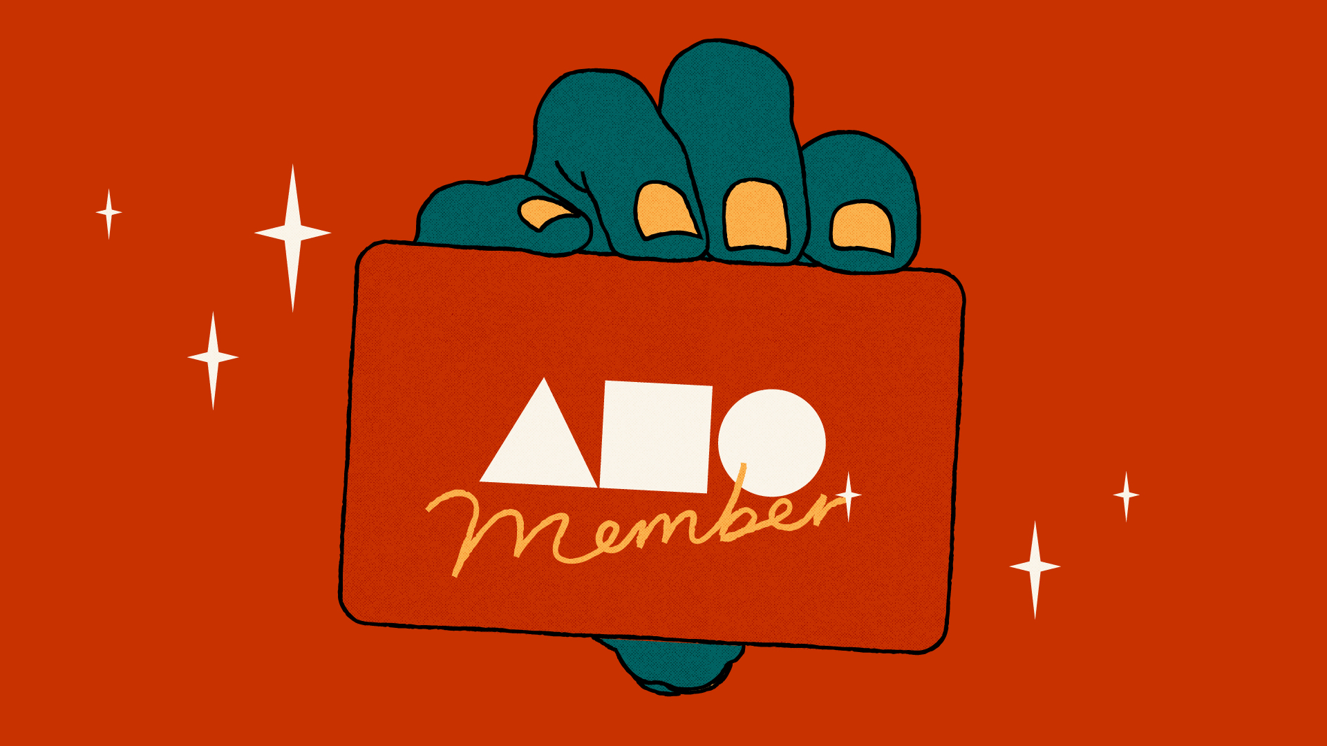 An illustration of a hand holding up a card in the size of a credit card. The card has an Act Build Change logo on it and it says member in a retro hand drawn style. There are also cartoon star-like flashes scattered around the image.