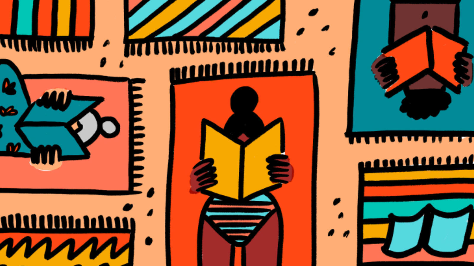 An illustration of a people lying on the beach reading.